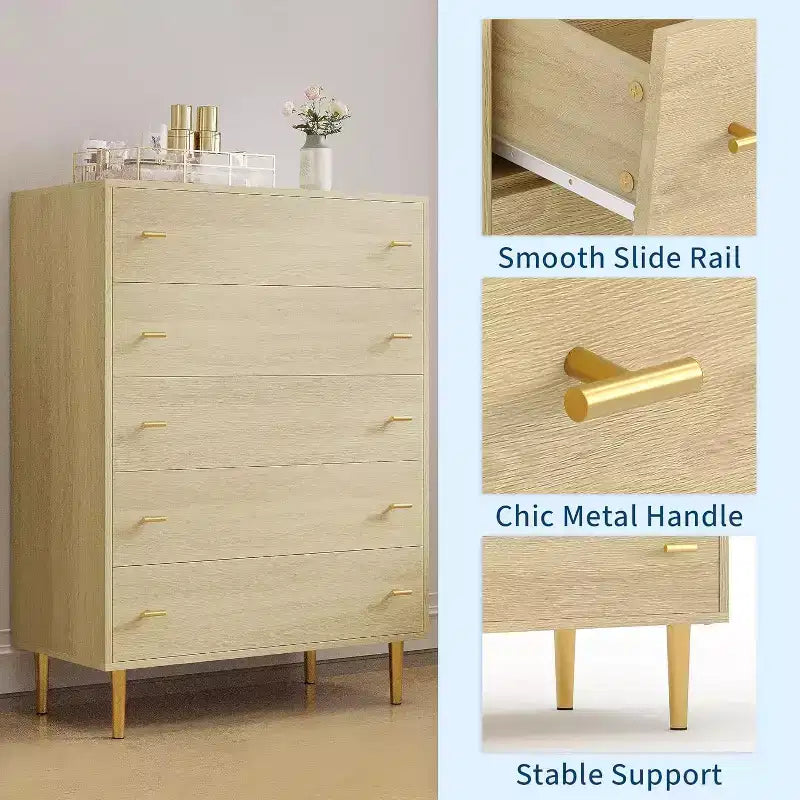 Cassettiera a 5 cassetti per camera da letto, Comò alto in legno rustico con cassetti grandi e maniglie a barra, texture naturale per soggiorno, corridoio