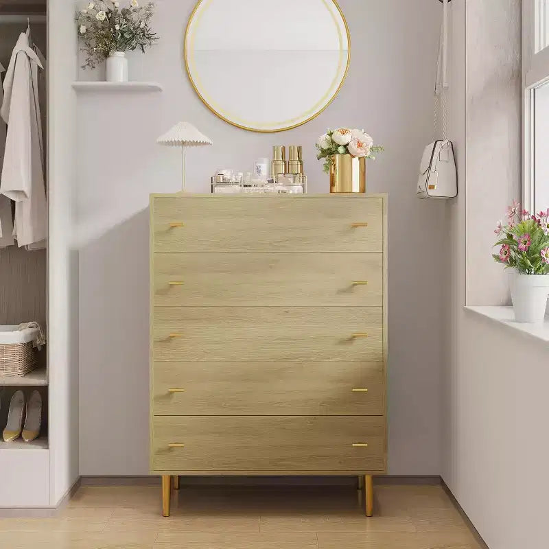 Cassettiera a 5 cassetti per camera da letto, Comò alto in legno rustico con cassetti grandi e maniglie a barra, texture naturale per soggiorno, corridoio