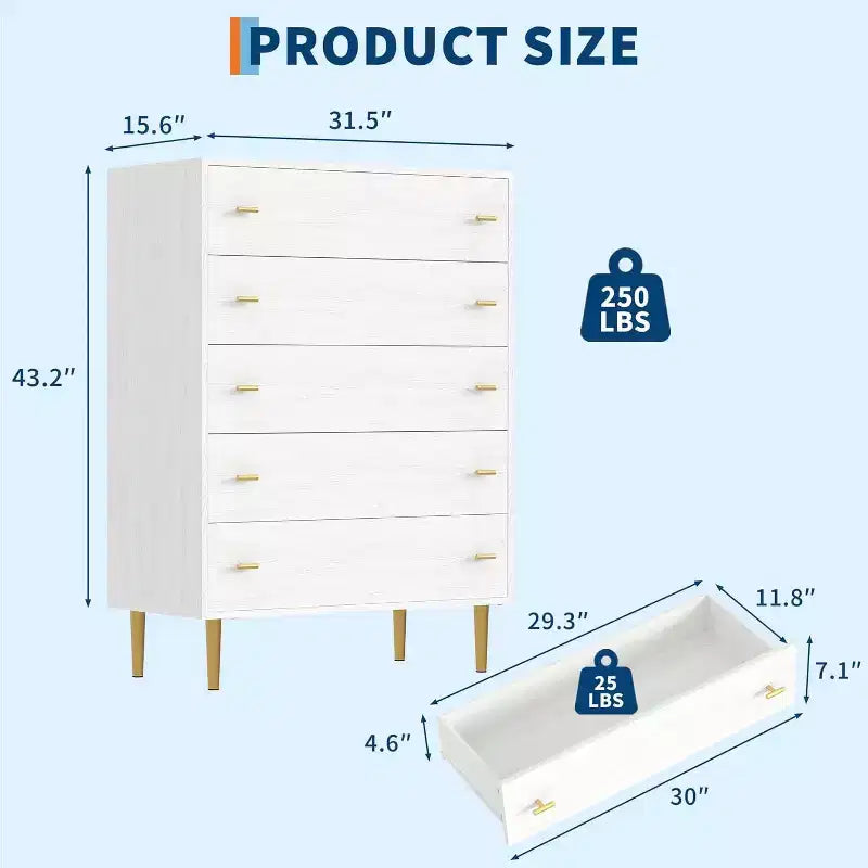 Cassettiera a 5 cassetti per camera da letto, Comò alto in legno rustico con cassetti grandi e maniglie a barra, texture naturale per soggiorno, corridoio