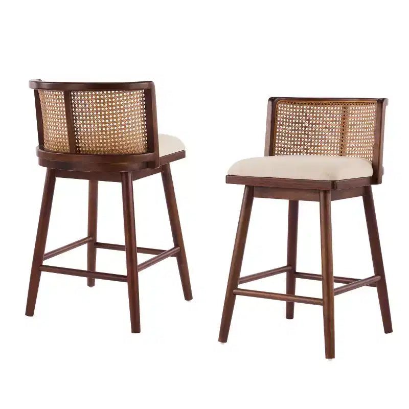 Set di 2 Sgabelli in Legno con Schienale in Rattan, Sedie da Bancone Imbottite Beige per Isola da Cucina, Home Bar o Ristorante-Panipeachy