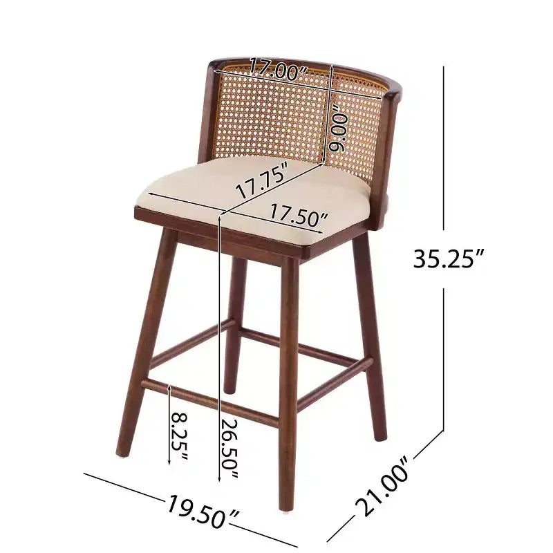 Set di 2 Sgabelli in Legno con Schienale in Rattan, Sedie da Bancone Imbottite Beige per Isola da Cucina, Home Bar o Ristorante-Panipeachy