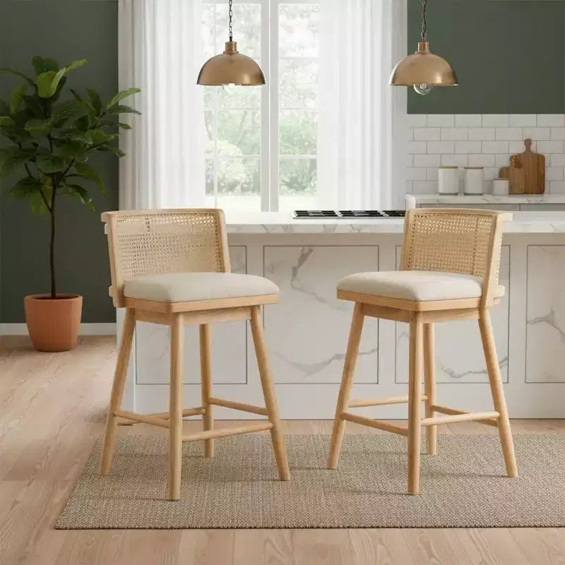 Set di 2 Sgabelli in Legno con Schienale in Rattan, Sedie da Bancone Imbottite Beige per Isola da Cucina, Home Bar o Ristorante-Panipeachy