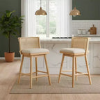 Set di 2 Sgabelli in Legno con Schienale in Rattan, Sedie da Bancone Imbottite Beige per Isola da Cucina, Home Bar o Ristorante-Panipeachy