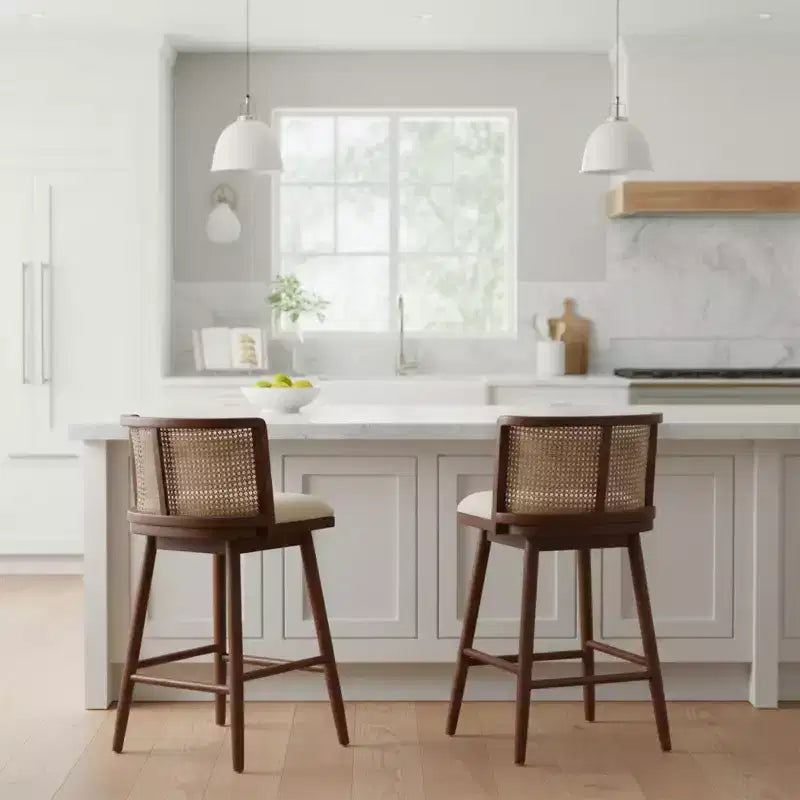 Set di 2 Sgabelli in Legno con Schienale in Rattan, Sedie da Bancone Imbottite Beige per Isola da Cucina, Home Bar o Ristorante-Panipeachy