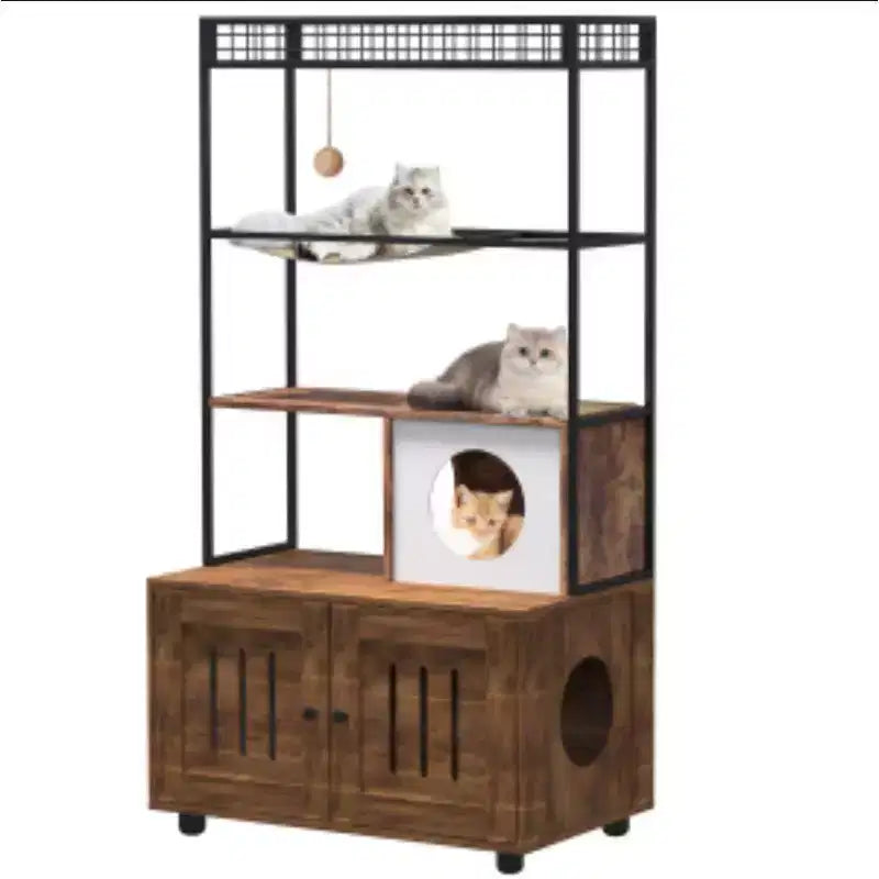 Cat Litter Box Enclosure XD904 (PB Board + 15mm Square Tube, Iron-Wood Style) - Vintage Color