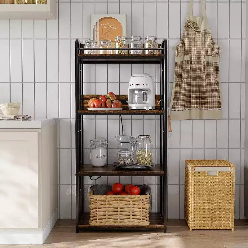 Scaffale da Panettiere a 4 Ripiani per Cucina con Contenitore, Porta Microonde Industriale, Mobiletto Caffè per Piccoli Spazi, Scaffale da Cucina Autoportante