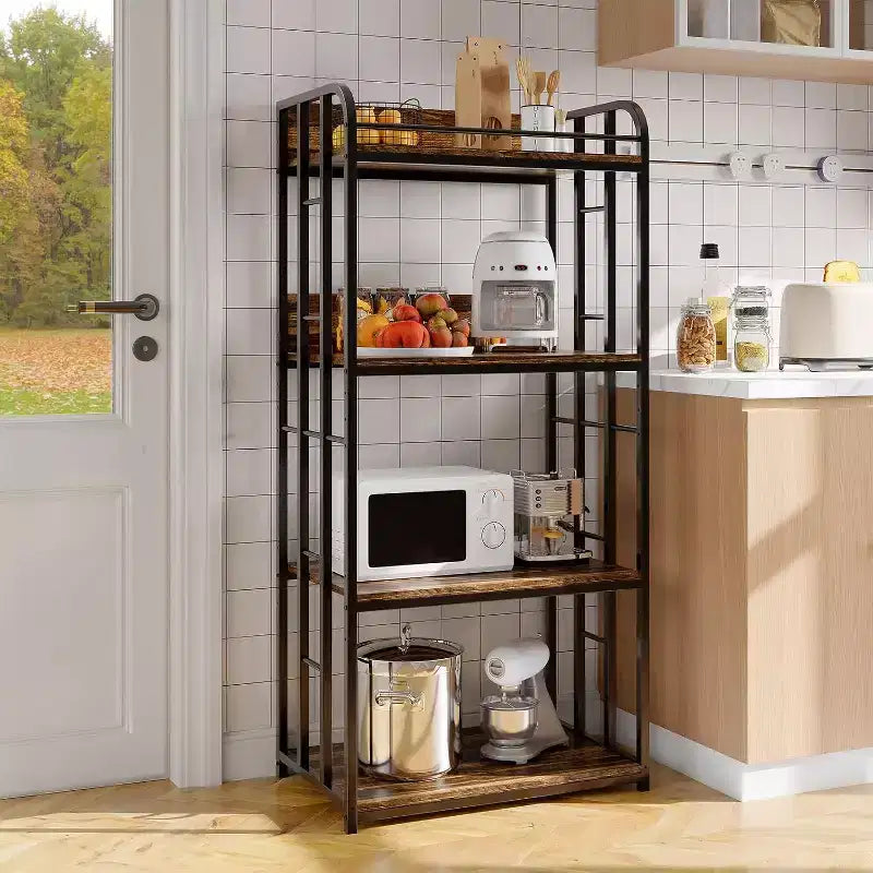 Scaffale da Panettiere a 4 Ripiani per Cucina con Contenitore, Porta Microonde Industriale, Mobiletto Caffè per Piccoli Spazi, Scaffale da Cucina Autoportante