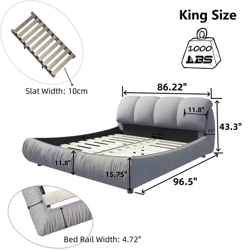 MAYEERTY Letto king-size imbottito di lusso con testiera imbottita oversize e struttura in legno massiccio, Grigio