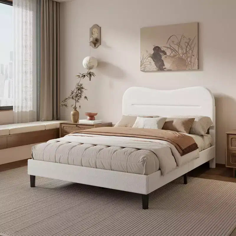 Telaio Letto Imbottito Matrimoniale in Tessuto Teddy Bouclé Testiera Bianco Nuvola Design Moderno Marshmallow Nessuna Rete a Molle Necessaria Robuste Doghe in Legno