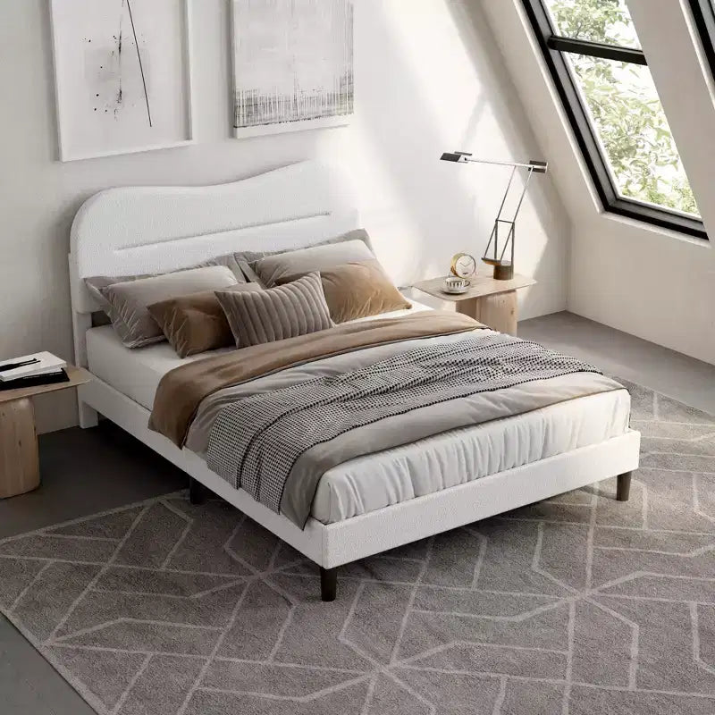 Telaio Letto Imbottito Matrimoniale in Tessuto Teddy Bouclé Testiera Bianco Nuvola Design Moderno Marshmallow Nessuna Rete a Molle Necessaria Robuste Doghe in Legno