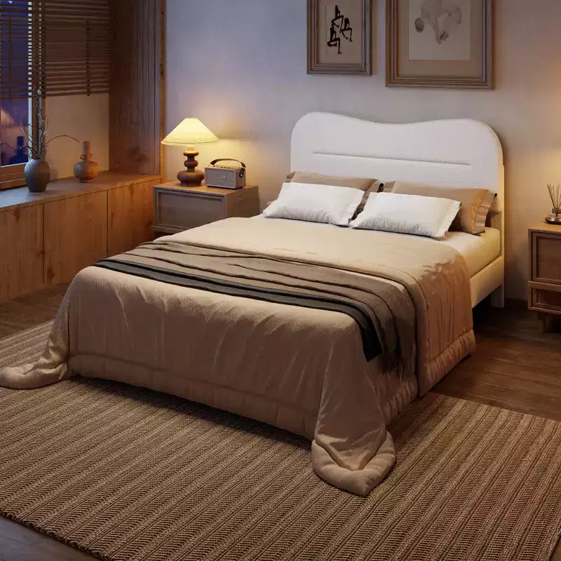 Telaio Letto Imbottito Matrimoniale in Tessuto Teddy Bouclé Testiera Bianco Nuvola Design Moderno Marshmallow Nessuna Rete a Molle Necessaria Robuste Doghe in Legno