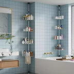 Piantana doccia ad angolo, con 4 ripiani a cestello e barre portasciugamani integrate, organizer doccia da bagno antiruggine regolabile 75-110