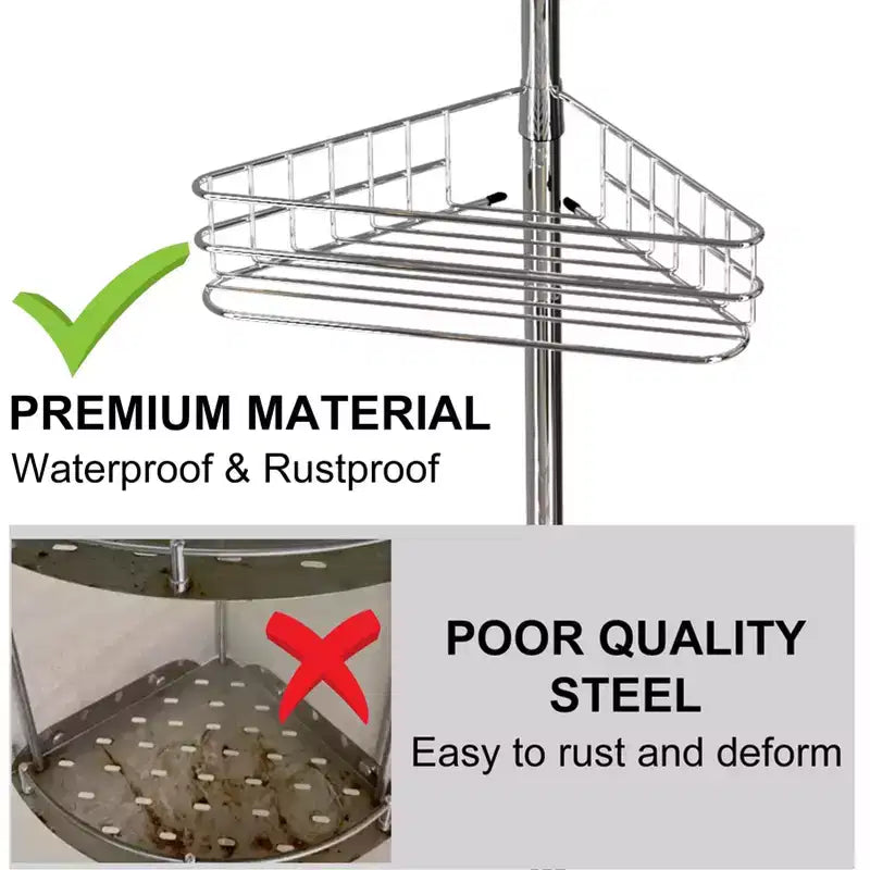 Piantana doccia ad angolo, con 4 ripiani a cestello e barre portasciugamani integrate, organizer doccia da bagno antiruggine regolabile 75-110