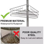 Piantana doccia ad angolo, con 4 ripiani a cestello e barre portasciugamani integrate, organizer doccia da bagno antiruggine regolabile 75-110