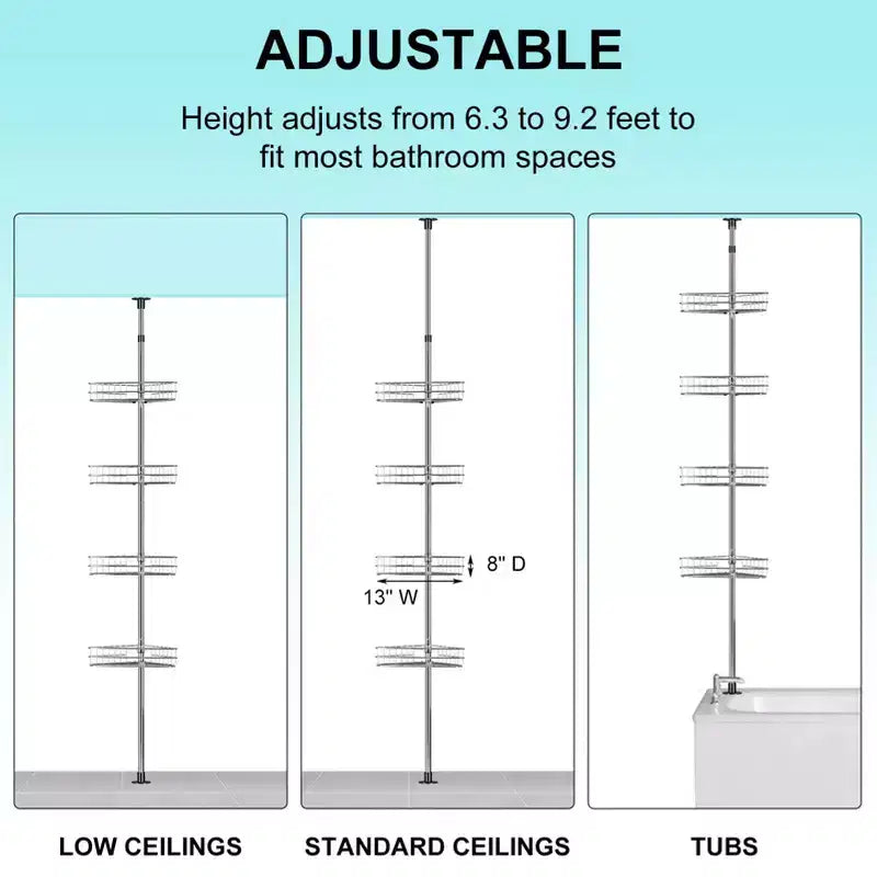 Piantana doccia ad angolo, con 4 ripiani a cestello e barre portasciugamani integrate, organizer doccia da bagno antiruggine regolabile 75-110