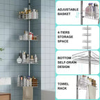 Piantana doccia ad angolo, con 4 ripiani a cestello e barre portasciugamani integrate, organizer doccia da bagno antiruggine regolabile 75-110