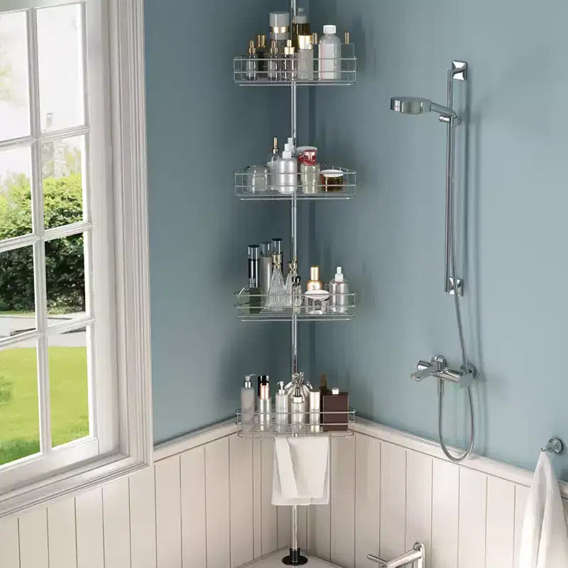 Piantana doccia ad angolo, con 4 ripiani a cestello e barre portasciugamani integrate, organizer doccia da bagno antiruggine regolabile 75-110