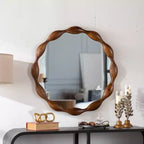 32.28 Round Wall Mirror, Rustic Farmhouse Accent Mirror Wavy Irregular Decorative Mirror, Walnut - ModernLuxe