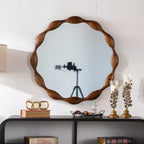Specchio da parete rotondo 32,28, Specchio decorativo irregolare ondulato in stile rustico, Noce - ModernLuxe