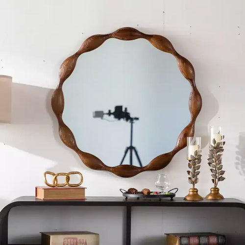 Specchio da parete rotondo 32,28, Specchio decorativo irregolare ondulato in stile rustico, Noce - ModernLuxe
