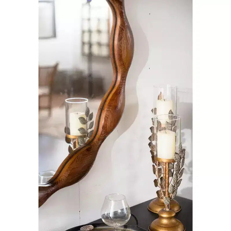 Specchio da parete rotondo 32,28, Specchio decorativo irregolare ondulato in stile rustico, Noce - ModernLuxe