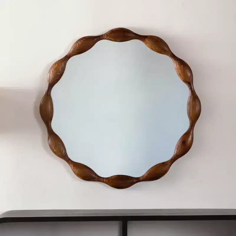 Specchio da parete rotondo 32,28, Specchio decorativo irregolare ondulato in stile rustico, Noce - ModernLuxe