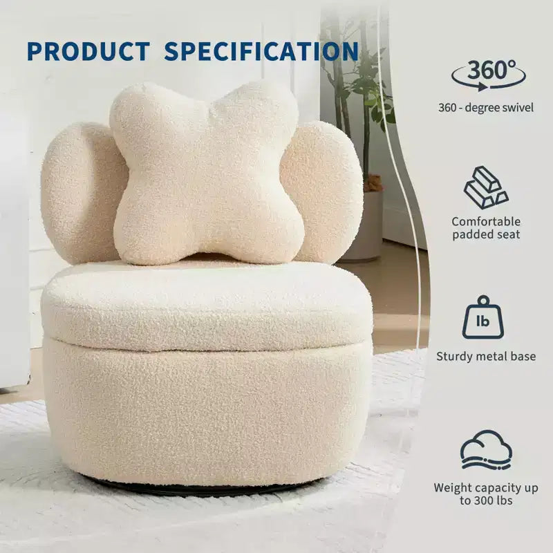 Poltrona girevole a 360° con vano portaoggetti, poltrona imbottita in velluto Teddy con cuscino ergonomico, tessuto antigraffio