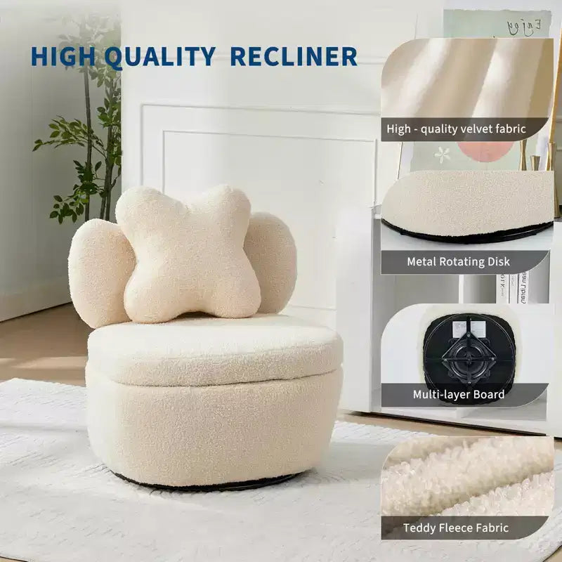 Poltrona girevole a 360° con vano portaoggetti, poltrona imbottita in velluto Teddy con cuscino ergonomico, tessuto antigraffio
