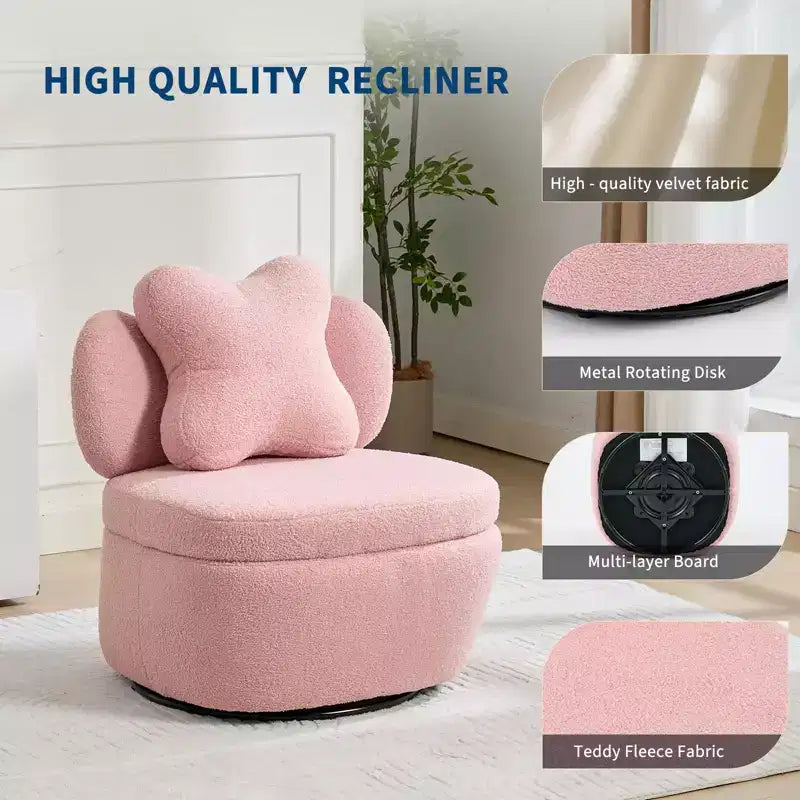 Poltrona girevole a 360° con vano portaoggetti, poltrona imbottita in velluto Teddy con cuscino ergonomico, tessuto antigraffio