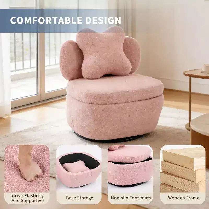 Poltrona girevole a 360° con vano portaoggetti, poltrona imbottita in velluto Teddy con cuscino ergonomico, tessuto antigraffio