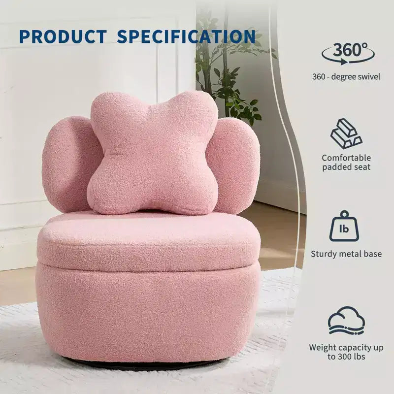 Poltrona girevole a 360° con vano portaoggetti, poltrona imbottita in velluto Teddy con cuscino ergonomico, tessuto antigraffio