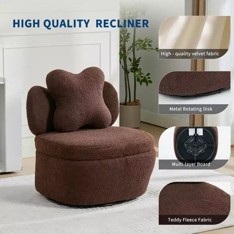 Poltrona girevole a 360° con vano portaoggetti, poltrona imbottita in velluto Teddy con cuscino ergonomico, tessuto antigraffio