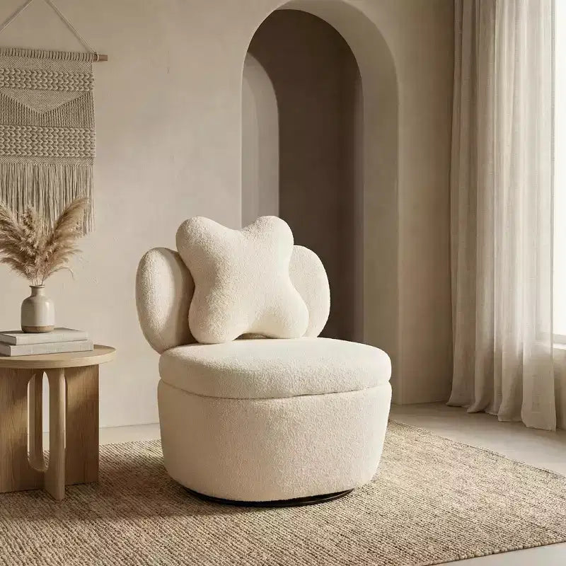Poltrona girevole a 360° con vano portaoggetti, poltrona imbottita in velluto Teddy con cuscino ergonomico, tessuto antigraffio
