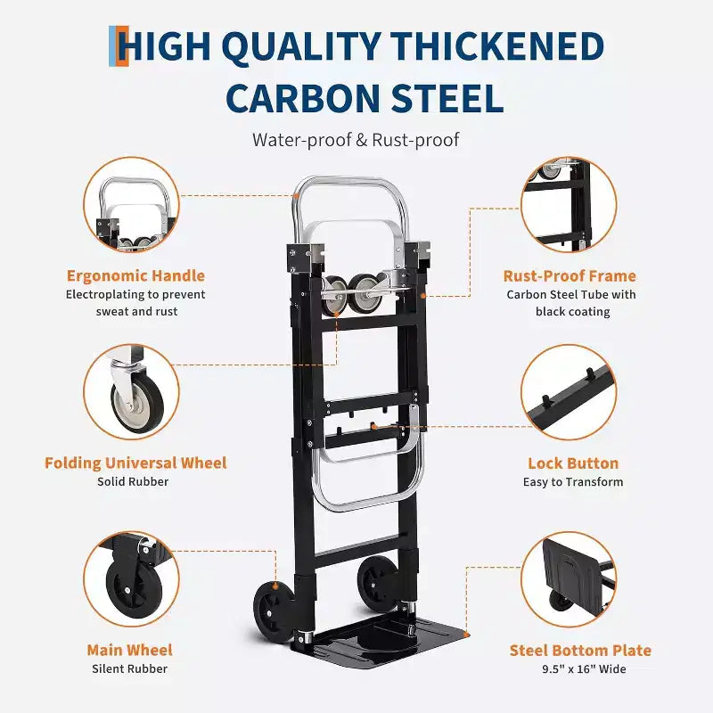 Carrello manuale convertibile 2 in 1, capacità di carico 300 kg, carrello pieghevole con ruote, cinghie elastiche, carrello pieghevole in acciaio al carbonio per magazzino