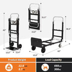 Carrello manuale convertibile 2 in 1, capacità di carico 300 kg, carrello pieghevole con ruote, cinghie elastiche, carrello pieghevole in acciaio al carbonio per magazzino