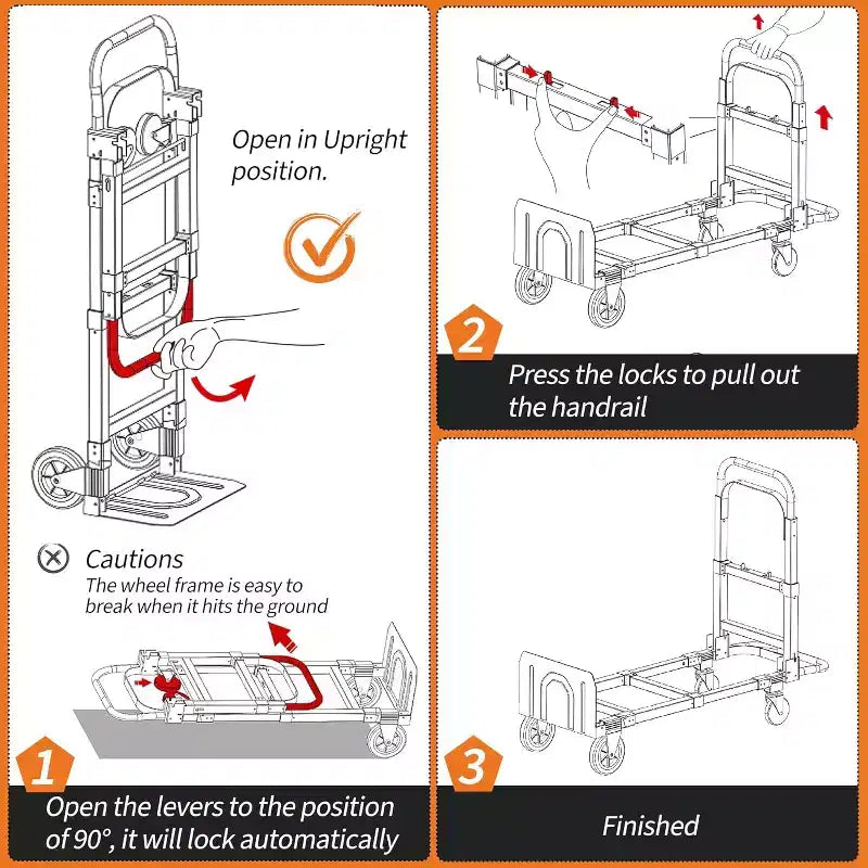 Carrello manuale convertibile 2 in 1, capacità di carico 300 kg, carrello pieghevole con ruote, cinghie elastiche, carrello pieghevole in acciaio al carbonio per magazzino