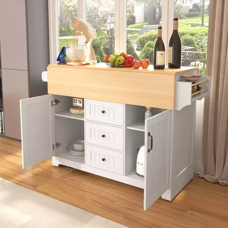 Grande isola cucina con 2 ante a ribalta, carrello da cucina su 5 ruote, tavolo da pranzo pieghevole con portapane e portatovaglioli, 3 cassetti