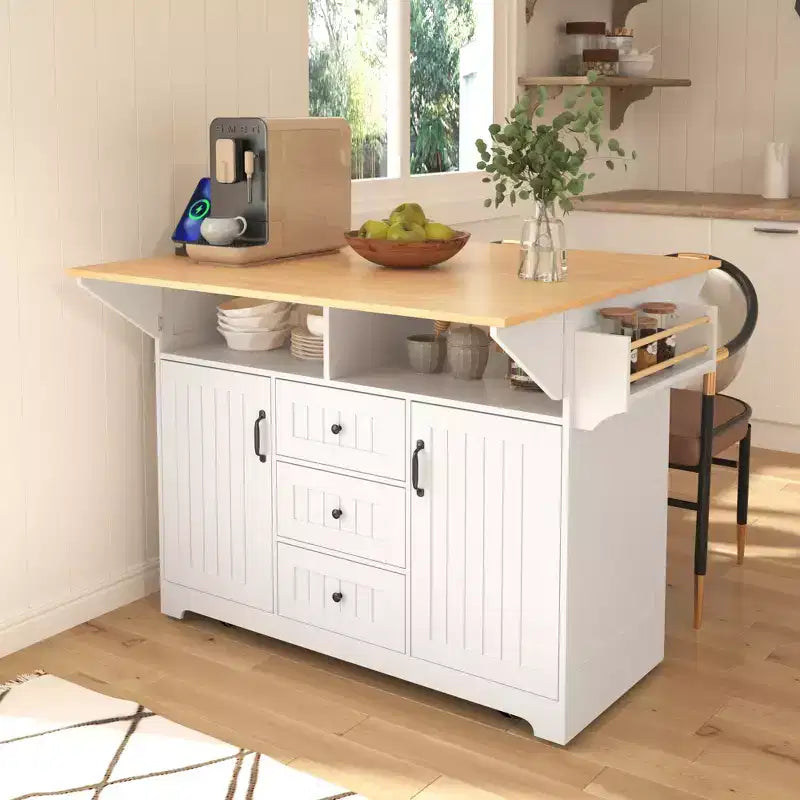 Grande isola cucina con 2 ante a ribalta, carrello da cucina su 5 ruote, tavolo da pranzo pieghevole con portapane e portatovaglioli, 3 cassetti