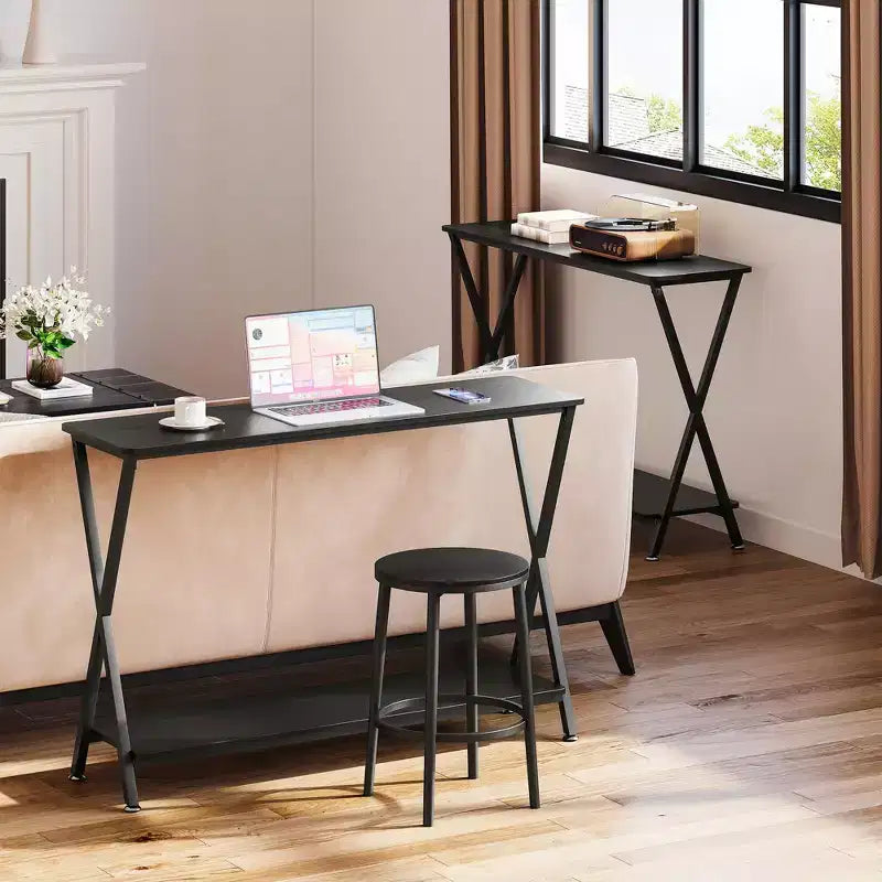 Tavolino Consolle Stretto con Mensole, Tavolo da Divano Rustico a 2 Livelli, Tavolo d'Ingresso per Corridoio, Soggiorno, Camera da Letto, Tavolino Contenitore Dietro il Divano