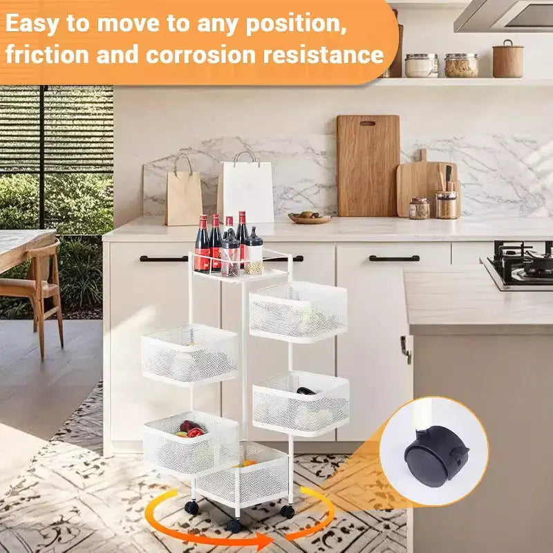 Carrello portaoggetti girevole a 5 ripiani in acciaio al carbonio bianco a 360°, scaffale organizer mobile per verdure da cucina e snack da soggiorno
