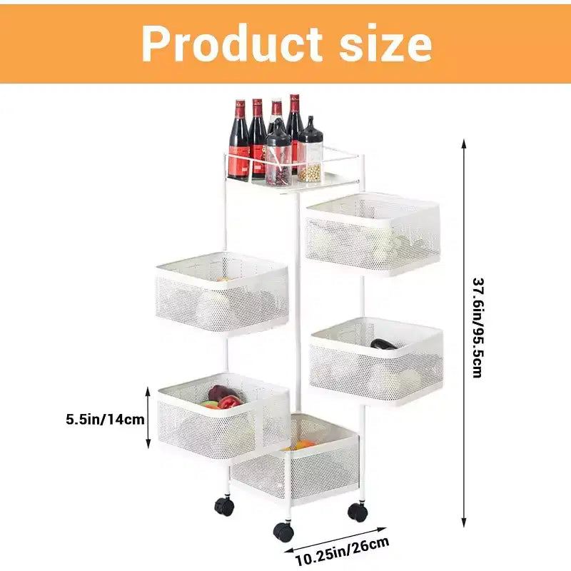 Carrello portaoggetti girevole a 5 ripiani in acciaio al carbonio bianco a 360°, scaffale organizer mobile per verdure da cucina e snack da soggiorno