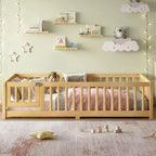 Bellemave Letto a terra per bambini in legno massello con sponde di sicurezza e porta rimovibile, letto a terra Montessori per bambini