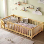 Bellemave Letto a terra per bambini in legno massello con sponde di sicurezza e porta rimovibile, letto a terra Montessori per bambini