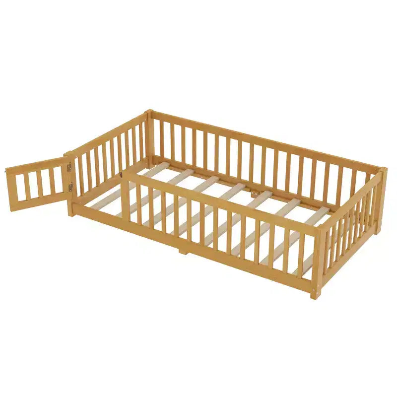 Bellemave Letto a terra per bambini in legno massello con sponde di sicurezza e porta rimovibile, letto a terra Montessori per bambini