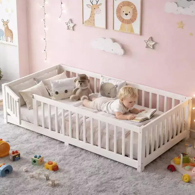 Bellemave Letto a terra per bambini in legno massello con sponde di sicurezza e porta rimovibile, letto a terra Montessori per bambini