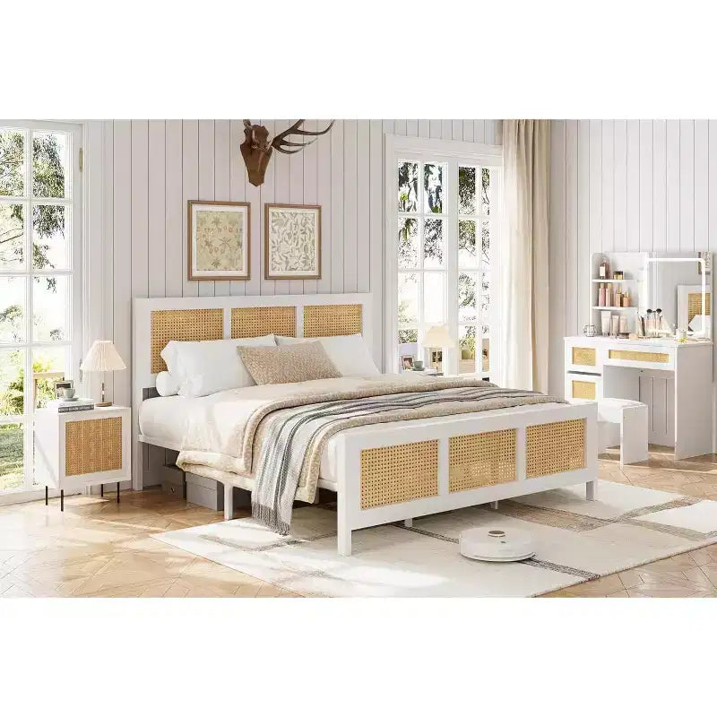 COZONY Struttura Letto in Rattan con Testiera, Letto a Piattaforma Boho, Robuste Doghe in Metallo, Silenzioso, Nessuna Rete a Molle