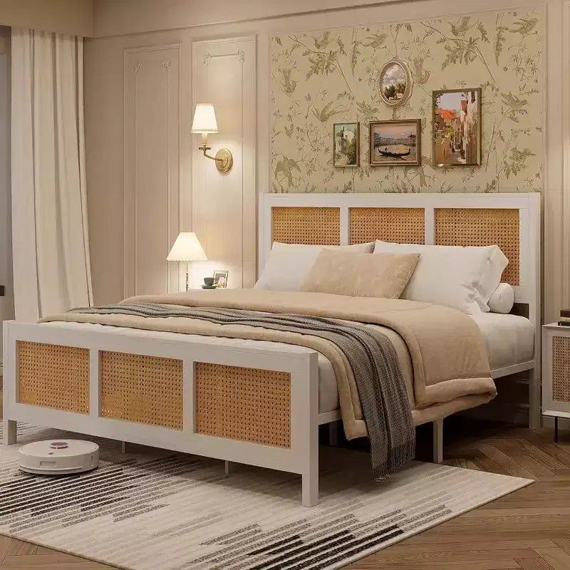 COZONY Struttura Letto in Rattan con Testiera, Letto a Piattaforma Boho, Robuste Doghe in Metallo, Silenzioso, Nessuna Rete a Molle