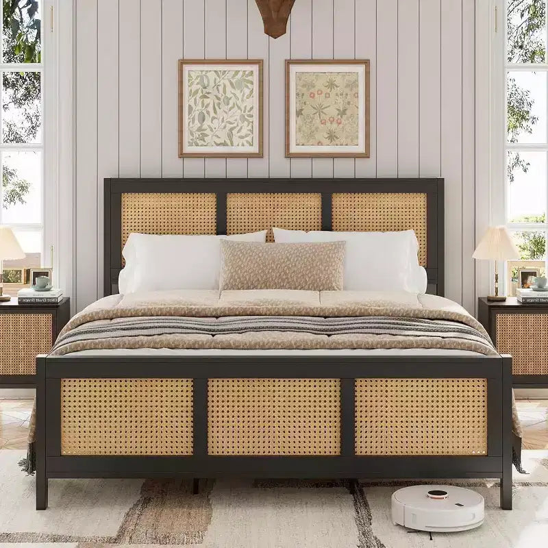 COZONY Struttura Letto in Rattan con Testiera, Letto a Piattaforma Boho, Robuste Doghe in Metallo, Silenzioso, Nessuna Rete a Molle