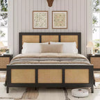 COZONY Struttura Letto in Rattan con Testiera, Letto a Piattaforma Boho, Robuste Doghe in Metallo, Silenzioso, Nessuna Rete a Molle