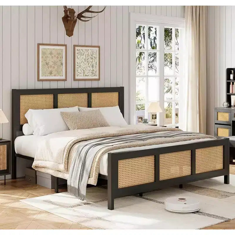 COZONY Struttura Letto in Rattan con Testiera, Letto a Piattaforma Boho, Robuste Doghe in Metallo, Silenzioso, Nessuna Rete a Molle